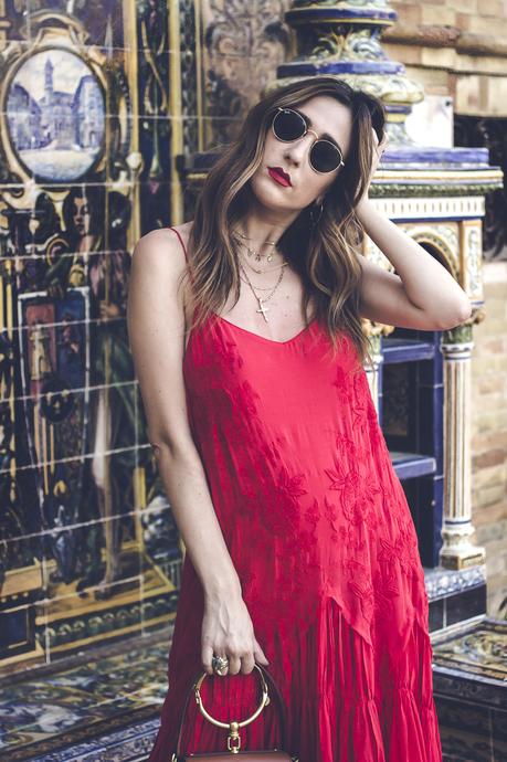 RED EMBROIDERED MIDI DRESS