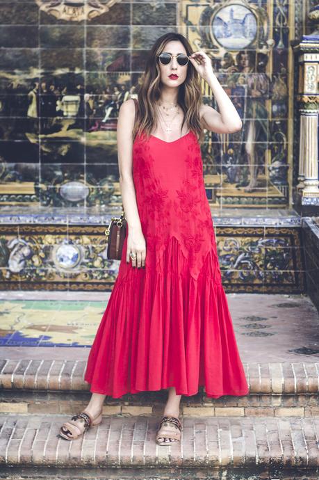 RED EMBROIDERED MIDI DRESS