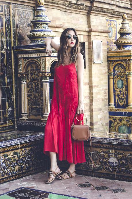 RED EMBROIDERED MIDI DRESS