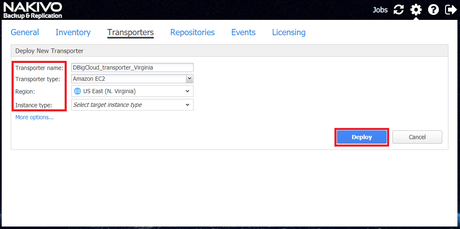 Configurar transporte de Nakivo en AWS