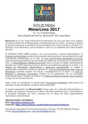 #MINERLIMA NOTA DE PRENSA: FERIA INTERNACIONAL DE MINERALES EN LIMA / DEL 10-12 NOV.2017
