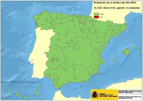 Calidad del Aire en España 2016. Evaluación de cumplimiento de Valor Límite Diario de SO2