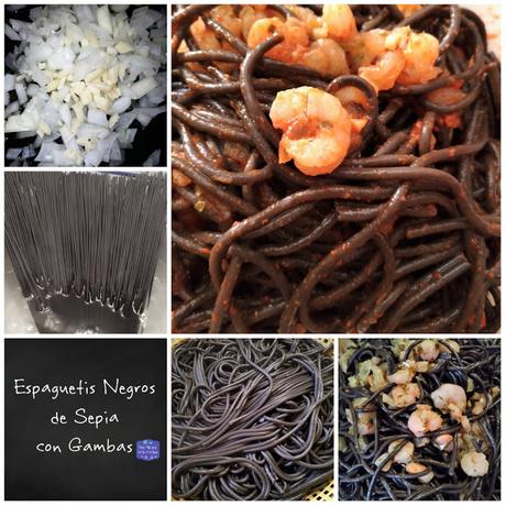 Espaguetis negros de sepia con gambas Receta paso a paso