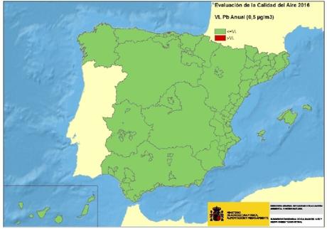 Calidad del Aire en España 2016: Evaluación de cumplimiento de Valor Límite Anual de Plomo