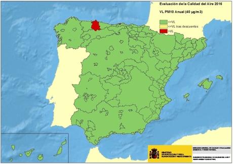 Calidad del Aire en España 2016: Evaluación de cumplimiento de Valor Límite Anual de PM10