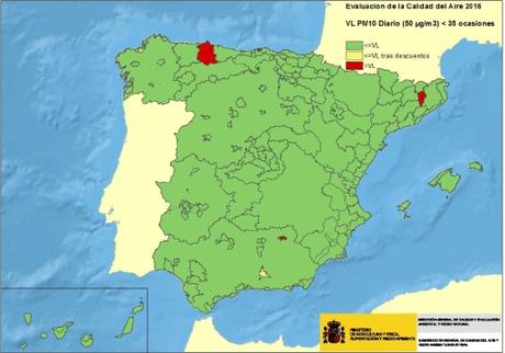 Calidad del Aire en España 2016: Evaluación de cumplimiento de Valor Límite Diario de PM10