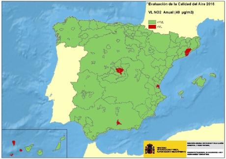 Calidad del Aire en España 2016. Evaluación de cumplimiento de Valor Límite Anual de NO2