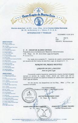 Garante de Amistad Gran Logia de Nuevo León ante Gran Logia de España
