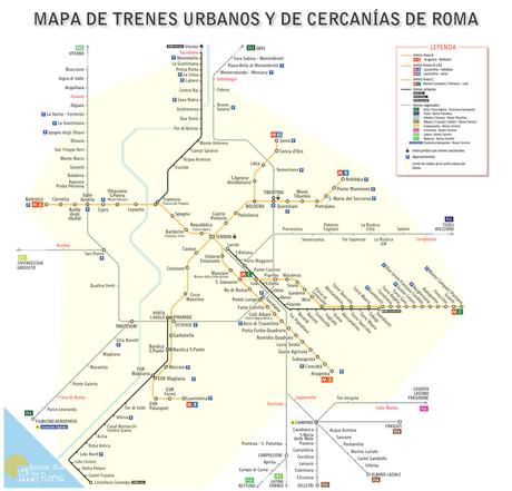 Mapa de trenes urbanos y de cercanías en Roma