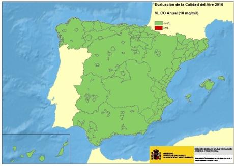 Calidad del Aire en España 2016: Evaluación de cumplimiento de Valor Límite Anual de Monóxido de Carbono (CO)