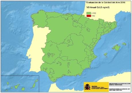 Calidad del Aire en España 2016: Evaluación de cumplimiento de Valor Objetivo de Cadmio