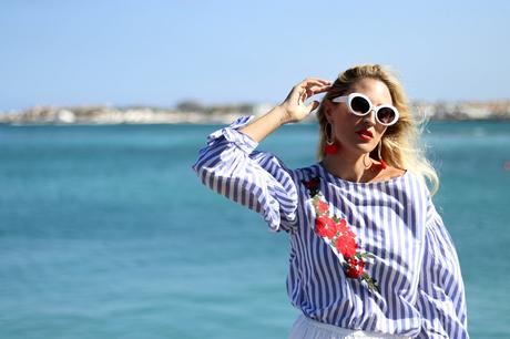 STRIPED  BLOUSE & FRINGED EARRINGS