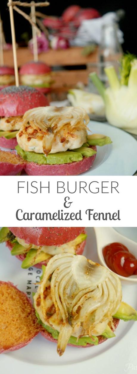 Hamburguesa de pescado con hinojo caramelizado, un plato gourmet en tu mesa Hamburguesa de pescado con hinojo caramelizado, un plato gourmet en tu mesa