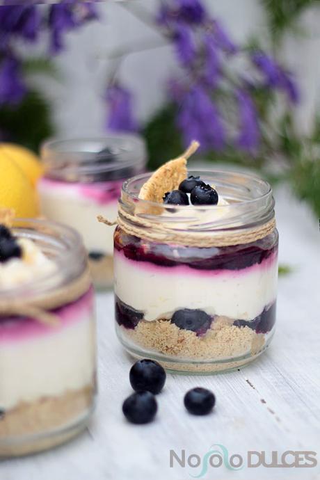 Receta de tarta de queso sin lactosa y sin azúcar preparada sin horno. Acompañada de mermelada sin azúcar de arándanos con semillas de chía.
