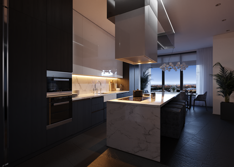 Cocina combinada en blanco y negro y mármol LUJO EN BLANCO Y NEGRO