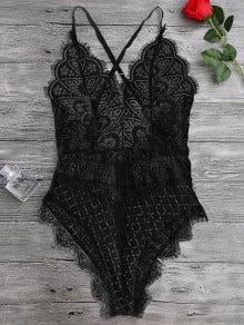 Scaolloped Sheer Eyelash Lace Teddy Bodysuit