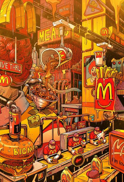 Un ilustrador imagina como es la industria de las comidas chatarra por dentro - Supersize Them
