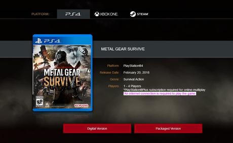 Metal Gear Survive requerirá conexión permanente a internet