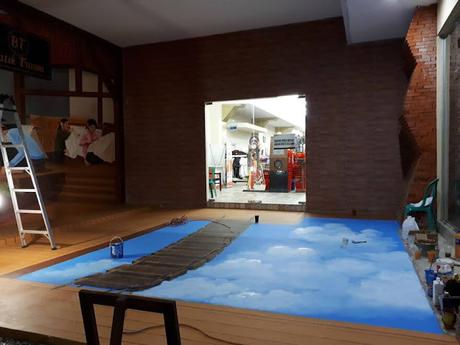 Arte 3D un puente pintado sobre las nubes