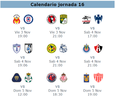 La guía de la jornada 16 del futbol mexicano