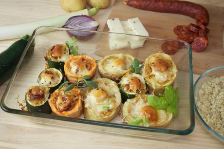 Verduras rellenas de quinoa y chorizo gratinadas con queso tierno de oveja a la pimienta rosa