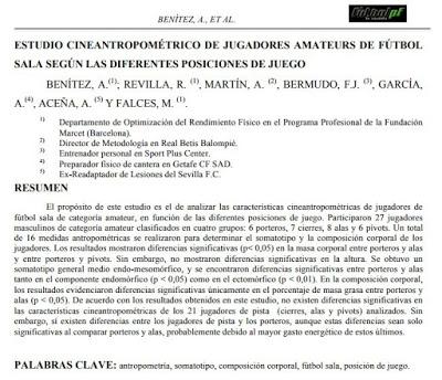 Artículo de investigación: ESTUDIO CINEANTROPOMÉTRICO DE JUGADORES AMATEURS DE FÚTBOL SALA SEGÚN LAS DIFERENTES POSICIONES DE JUEGO Artículo de investigación: ESTUDIO CINEANTROPOMÉTRICO DE JUGADORES AMATEURS DE FÚTBOL SALA SEGÚN LAS DIFERENTES POSICIONES DE JUEGO