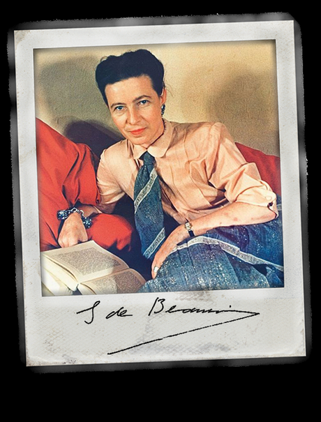 Simone de Beauvoir color portrait in vintage polaroid frame