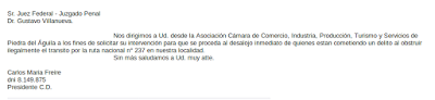 La Cámara  de Comercio de Piedra del Aguila pide la intervencion de la justici por el corte