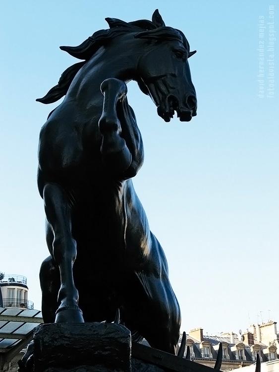Fotografía en contrapicado de la escultura de un caballo rampante y encabritado en el exterior del Museo de Orsay, Paris (Francia)