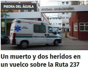 Un muerto y dos heridos en un vuelco sobre la Ruta 237