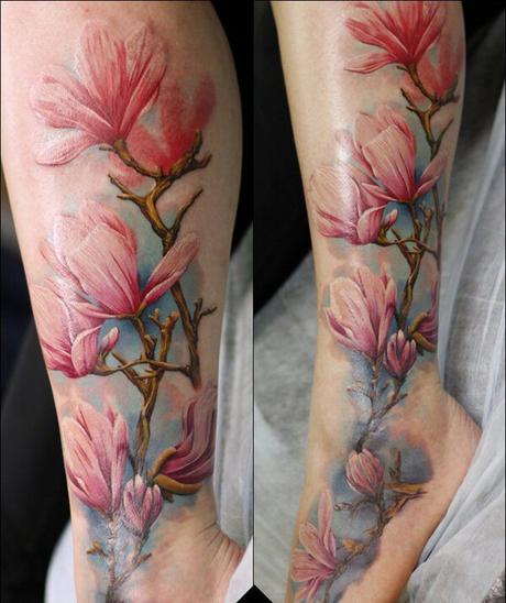 Ideas de Tatuajes para mujeres de magnolias rosadas
