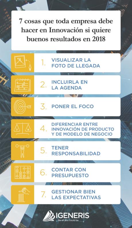 Infografía: 7 cosas que debes hacer en Innovación si quieres buenos resultados en 2018. Infografía: 7 cosas que debes hacer en Innovación si quieres buenos resultados en 2018.