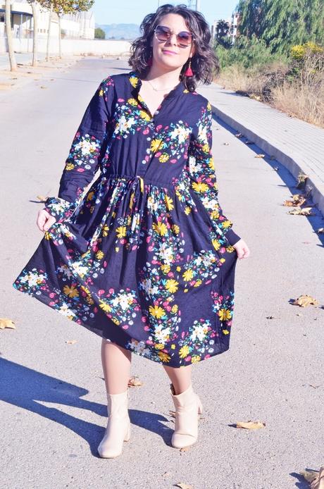 Vestido midi de flores con cardigan mostaza Vestido midi de flores con cardigan mostaza