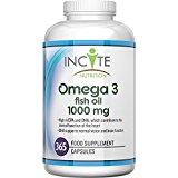 Vitaminas y minerales Incite Nutrition Suplemento Omega 3 de 1000MG Máxima Potencia Con 365 Cápsulas Blandas (Suministro Para 1 Año)Ayuda al Cuidado de las Articulaciones y a Mantener el Cabello Sano – Contiene Aceite de Pescado/Aceite de Hígado de Bacalao, Ácidos Grasos de Omega 3