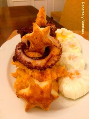 PULPO SOBRE UNA PERMENTIER DE PATATA Y BONIATO Y HUEVOS POCHE