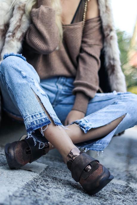 FUR COAT & METALLIC SNEAKERS