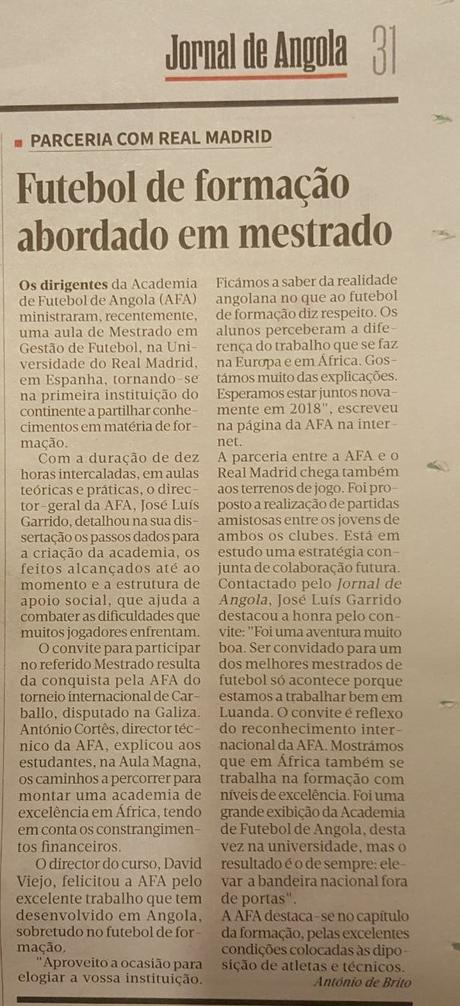 Repercusión en la prensa de la presencia de AFA Angola en la Universidad Real Madrid