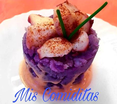 TIMBAL DE PATATAS VIOLETA CON PULPO Y ALI-OLI DE PIMENTÓN