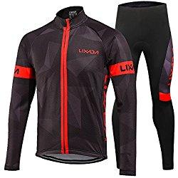 Lixada Hombres de Invierno de Lana Térmica Ciclismo Conjunto de Ropa de Manga Larga con Pantalones de Pantalón Acolchado 3D