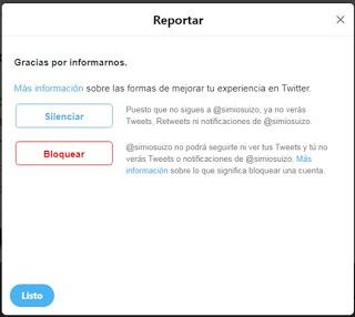 Opciones tras reportar tweet