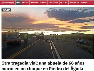 Una abuela de 66 años murió en un choque frontal en Piedra del Águila