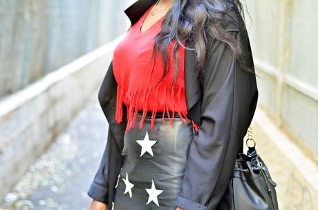 RED SWEATER+ BLACK SKIRT