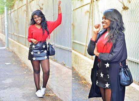 RED SWEATER+ BLACK SKIRT