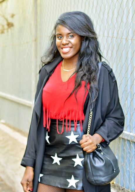 RED SWEATER+ BLACK SKIRT