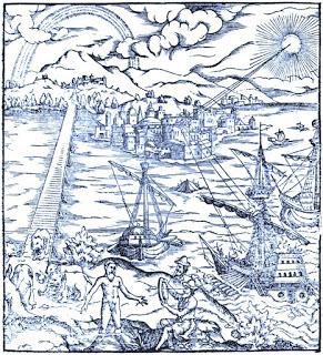 Bloqueo marítimo del puerto grande de Siracusa por parte de la flota romana, con el Etna observando la postal desde el fondo.