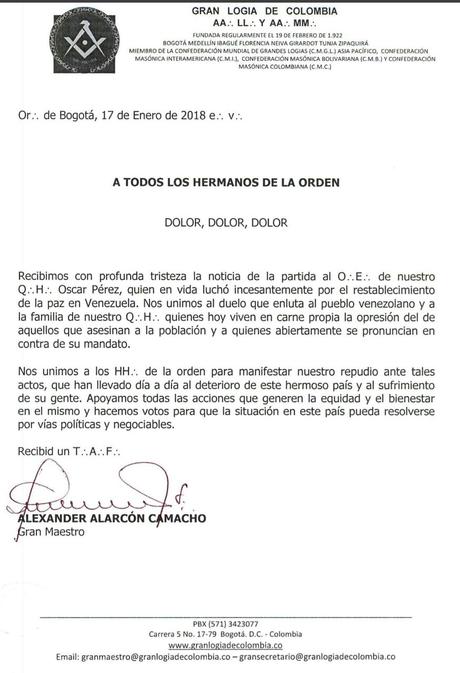 Comunicado de la Gran Logia de Colombia por la muerte de Óscar Pérez