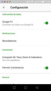 FatSecret Configuración compartir googlefit