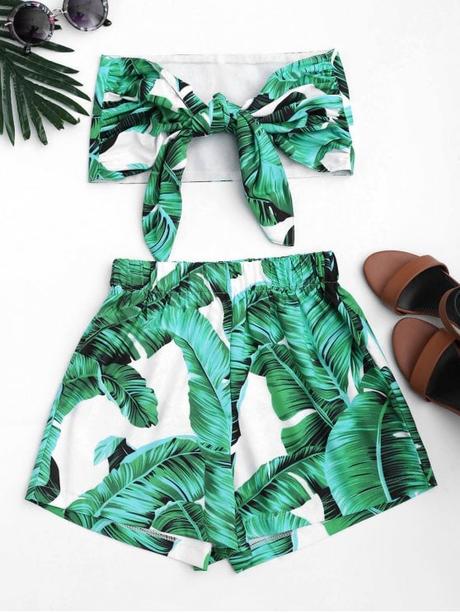 outfits Leaves Print Strapless Top and Shorts Set - GREEN S