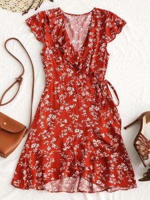 Tiny Floral Ruffle Mini Wrap Dress - Brick-red M