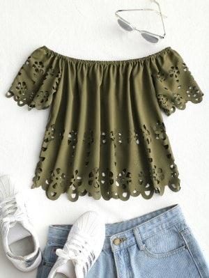Eyelet Off Shoulder Top - Army Green S